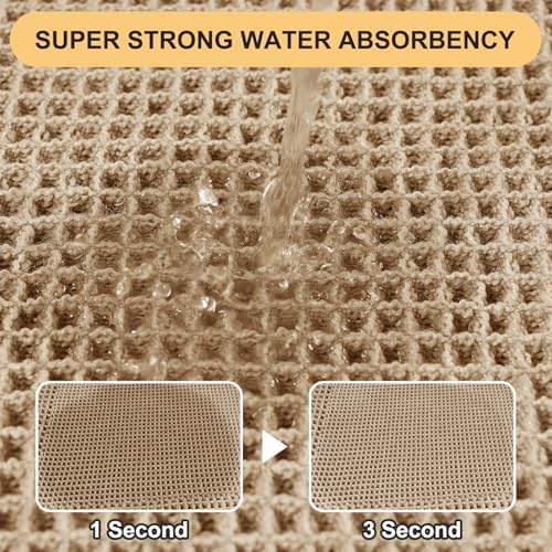 Upgrade Waffle Bath Mat Set 3 Piece, Boho Bathroom Rugs Absorbent Non Slip, Ultra Soft Bathroom Mat, Machine Washable Knit Bath Rugs with Border for Bathroom, Bedroom, Kitchen, Shower, Tub, Beige