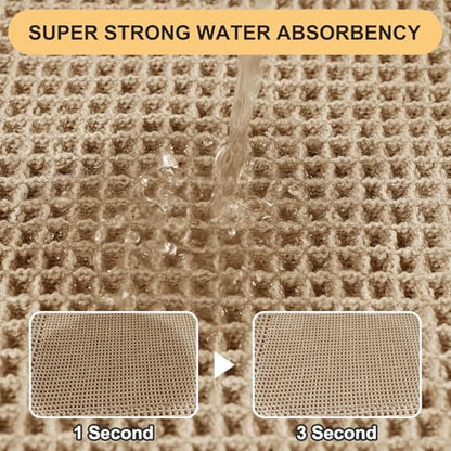 IM HOME Extra Large Waffle Bath Mat, Boho Bathroom Rugs Absorbent Non Slip, Ultra Soft Bathroom Mat, Machine Washable Knit Bath Rugs with Border for Bathroom, Bedroom, Kitchen, Tub, 5'x2', Beige