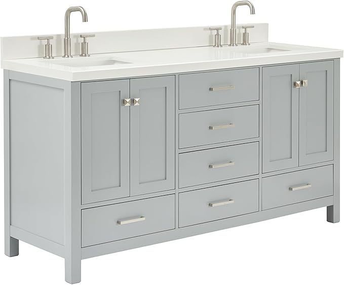 ARIEL Cambridge 66-inch Bathroom Vanity with Sink,Solid Wood, 1.5-inch Pure White Quartz Countertop & Backsplash, Double Rectangular Porcelain Sink, 4 Soft Closing Doors, 6 Dovetail Drawers, Grey