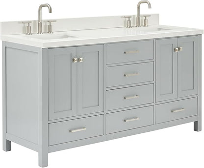 ARIEL Cambridge 66-inch Bathroom Vanity with Sink,Solid Wood, 1.5-inch Pure White Quartz Countertop & Backsplash, Double Rectangular Porcelain Sink, 4 Soft Closing Doors, 6 Dovetail Drawers, Grey