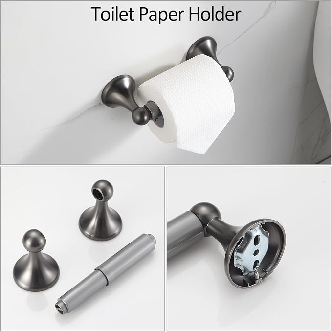 BGL Bathroom Hardware Set Grey Electroplating 4-Piece Bathroom Accessories Set Wall Mounted Adjustable Towel Bar Robe Hook Toilet Paper Holder Towel Ring Glossy Grey