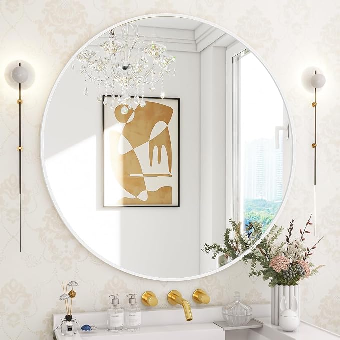 BEAUTYPEAK 30 Inch Round Mirror, Metal Frame Circle Mirror, White | Wall Mounted for Entryway, Bathroom, Vanity, Living Room