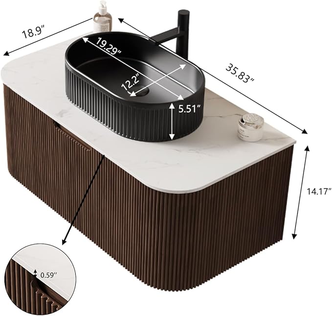 Yayzy 36" Floating Bathroom Vanity with Sink, Solid Wood Fluted Cabinet, Black Fluted Oval Ceramic Basin & Faux Marble Top, Soft-Close Drawer, Pre-Assembled, Walnut Woodgrain