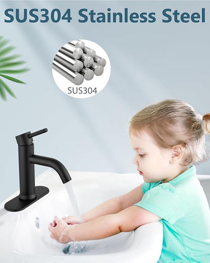 Aolemi Bathroom Faucet Single Hole,Single Handle Bathroom Sink Faucet with Supply Lines,with Pop Up Drain Assembly and Deck Plate,Matte Black