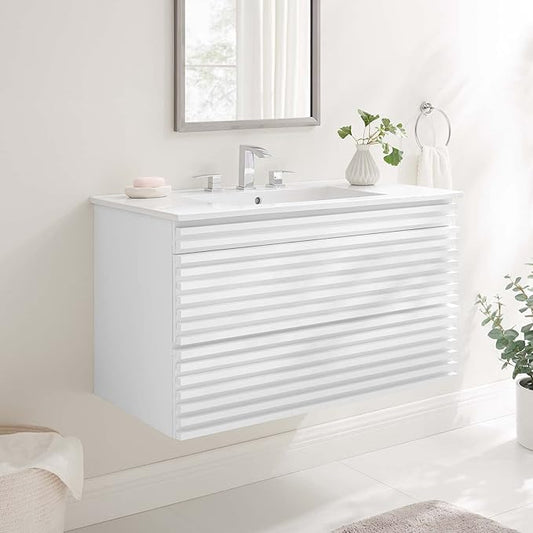Modway Render 36" Wall-Mount Bathroom Vanity in White White