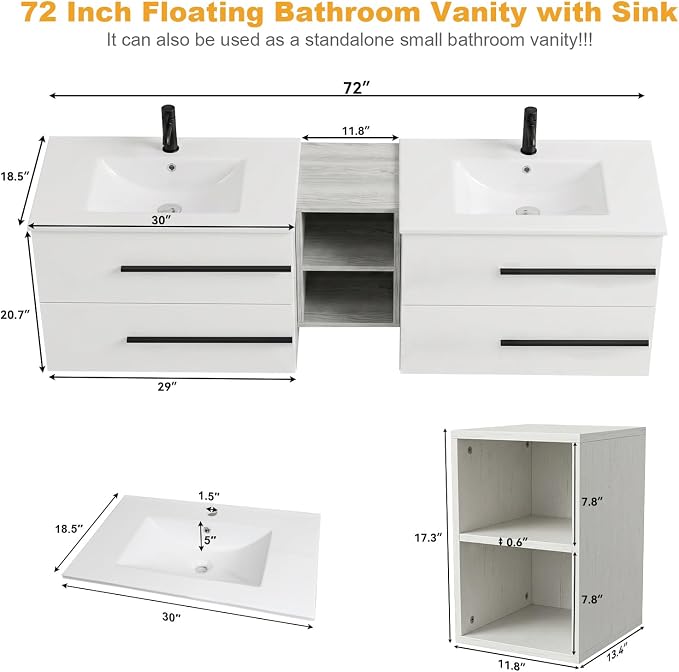 72 Inch Floating Double Sink Bathroom Vanity, Modern Bathroom Vanity with Double Sink, Wall Mounted Bathroom Vanity Cabinet with Large Storage Drawers,Open Storage Shelf, White