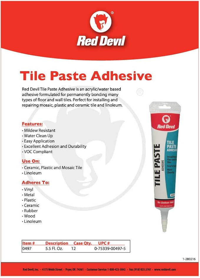 Red Devil 0497 Tile Paste Adhesive - Easy to Use, Permanent Bond for Mosaic, Plastic & Ceramic Tiles - 5.5 Fl. Oz., Tile Glue, White, Made in USA