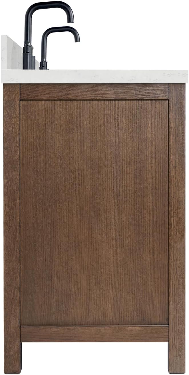 ARIEL Cambridge 60-inch Bathroom Vanity with Sink,Solid Wood, 1.5-inch Carrara White Quartz Countertop, Double Rectangular Porcelain Sink, 4 Soft Closing Doors, 6 Dovetail Drawers, Brown Oak