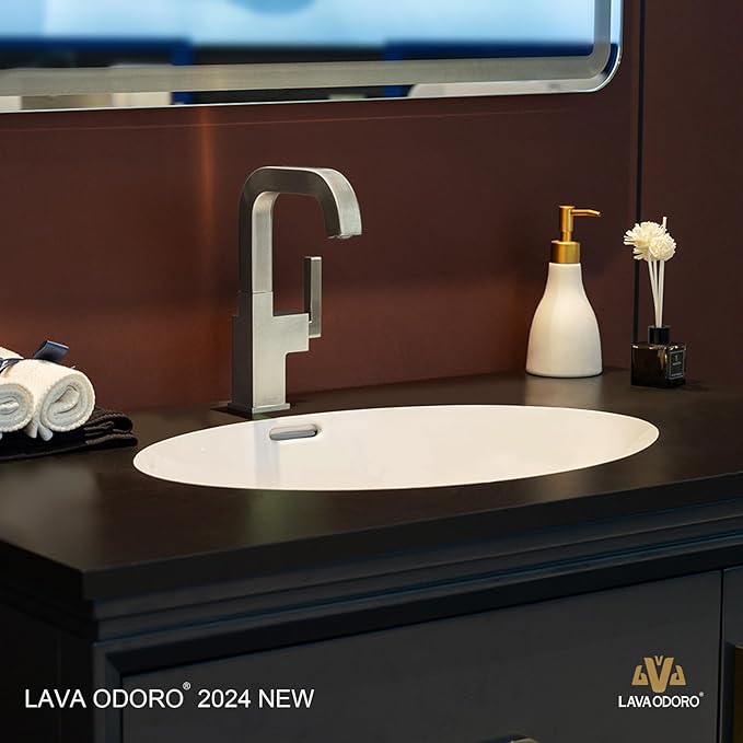 Brushed Nickel Bathroom Faucet, Lava Odoro One Hole Bathroom Sink Faucet Single Handle Swivel Vanity Faucet with Pop up Drain Assembly, Solid Brass Vessel Sink Faucet Deck Plate Included, BF204-BN