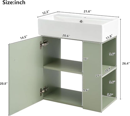 21.6 in Floating Bathroom Vanity with Sink,Soft Closing Doors,Solid Wood Frame & MDF Modern Single Small Green Bathroom Vanity Cabinet with Open Shelf,Wall Mounted