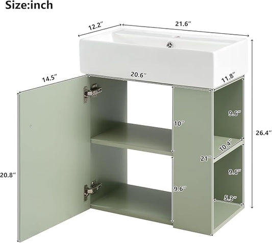 21.6 in Floating Bathroom Vanity with Sink,Soft Closing Doors,Solid Wood Frame & MDF Modern Single Small Green Bathroom Vanity Cabinet with Open Shelf,Wall Mounted