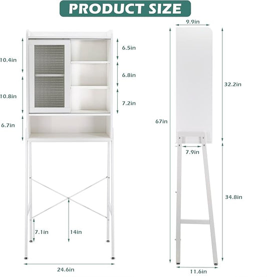 Over Toilet Storage Cabinet Organizer for Bathroom, Over Toilet Shelf, Freestanding Space Saver with Adjustable Shelves, Acrylic Sliding Door, Wide Open Shelf, 2 Hooks, Classic White