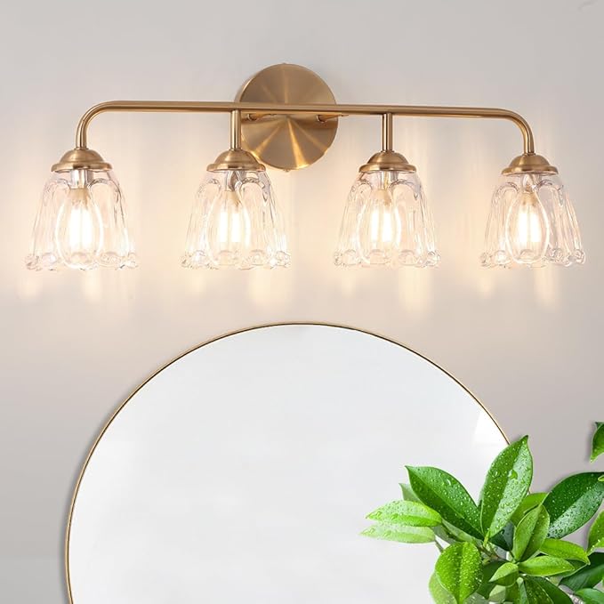 Vintage Bathroom Vanity Light, Brown Bronze Vanity Lighting, 4-Light Bathroom Lighting Fixtures Over Mirror, Elegant Flower Glass Light with Clear Shade, Gold Wall Sconce Lighting for Bedroom