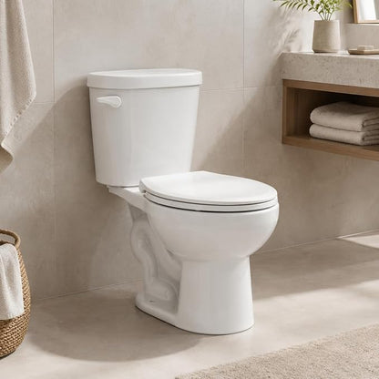 16.3" ADA Height Elongated Two Piece Toilet, Modern White Ceramic Bathroom Toilet with Side Push Handle, Locking PP Lid, 1.28 GPF Water Efficient Flush, cUPC Certified