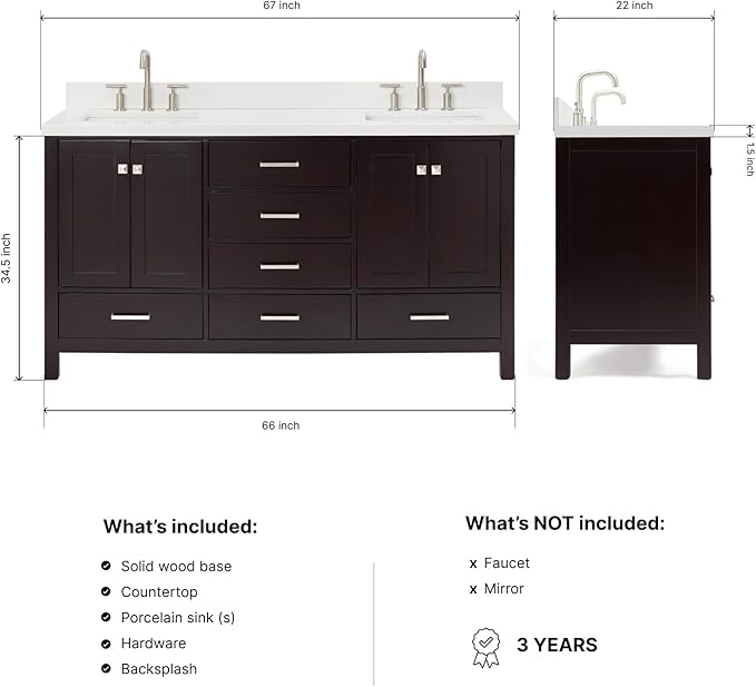ARIEL Cambridge 66-inch Bathroom Vanity with Sink,Solid Wood, 1.5-inch Pure White Quartz Countertop, Double Rectangular Porcelain Sink, 4 Soft Closing Doors, 6 Dovetail Drawers, Espresso