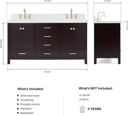 Beckford 66-Inch Espresso Double Bathroom Vanity, 1.5-Inch Edge Pure White Quartz Countertop & Backsplash, 2 Rectangular Undermount Sinks, 4 Soft Closing Doors, 6 Dovetail Drawers, Brushed Nickel