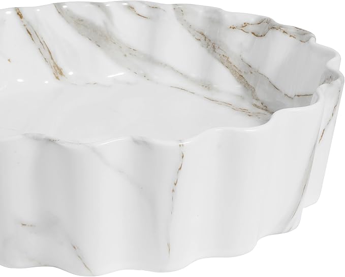 JONATHAN Y SNK1005C 15" Round Bathroom Vessel Sink, Art Deco Scallop Above Counter Vanity Sink, White Marble Finish Ceramic Basin for Modern Powder Room and Lavatory