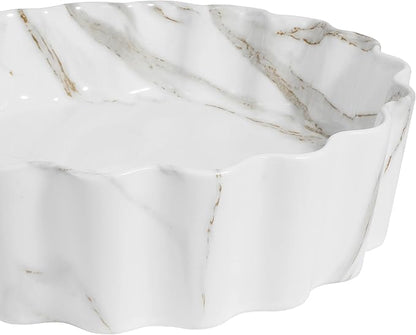 JONATHAN Y SNK1005C 15" Round Bathroom Vessel Sink, Art Deco Scallop Above Counter Vanity Sink, White Marble Finish Ceramic Basin for Modern Powder Room and Lavatory