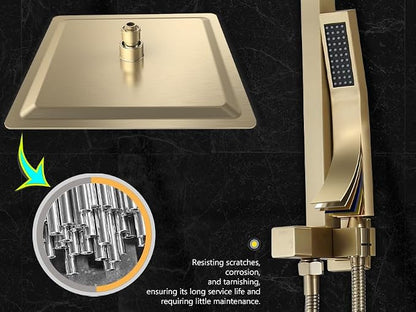Shower Faucet Set with Tub Spout and 12" Gold Shower Head with Handheld | 12-inch rainhead, 3-function diverter, 304 stainless tub spout, brass pressure balancing shower valve, brushed gold finish