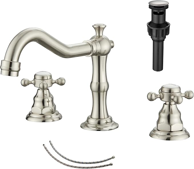 GGStudy 2 Handles 3 Holes Faucet Widespread Bathroom Sink Faucet Brushed Nickel Basin Tap Mixer Faucet Matching Pop Up Drain