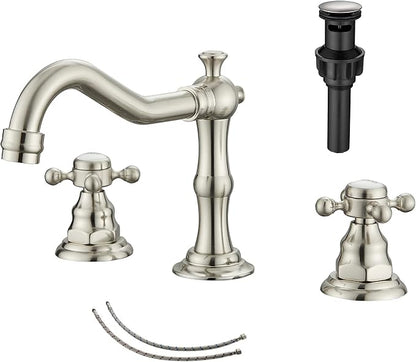 GGStudy 2 Handles 3 Holes Faucet Widespread Bathroom Sink Faucet Brushed Nickel Basin Tap Mixer Faucet Matching Pop Up Drain