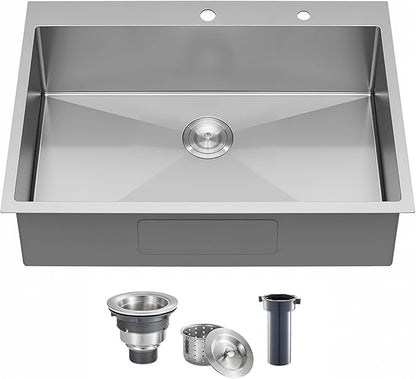 KINGO HOME 33 x 22 Inch Drop in Stainless Steel Kitchen Sink, Single Bowl 16 Gauge Top mount Sink Commercial Handmade 9 Inch Deep Kitchen Sinks Workstation Single Basin Brushed Satin Nickel