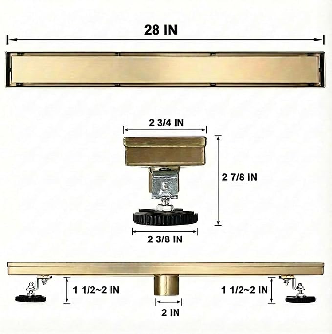 Linear Shower Floor Drain, Brushed Gold 28 Inch 304 Stainless Steel Bathroom Drains Kit, Rectangular Shower Trench Drain with Reversable Tile-in Pattern Drain Cover & Hair Catcher