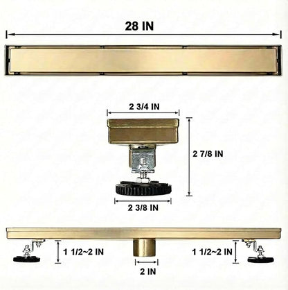 Linear Shower Floor Drain, Brushed Gold 28 Inch 304 Stainless Steel Bathroom Drains Kit, Rectangular Shower Trench Drain with Reversable Tile-in Pattern Drain Cover & Hair Catcher