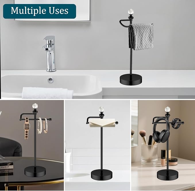 ROLABAM Bath Hand Towel Holder Stand, 2 Pack Stainless Steel Black Towel Rack Hand Holder for Bathroom, Small Countertop Free Standing Hand Towel Rack with Heavy Base (Matte Black, 2 Pack)