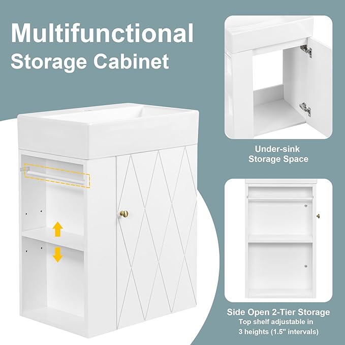 20" Floating Bathroom Vanity with Sink, Soft Closing Door,and Storage Shelves, Solid Wood Frame & MDF Modern Single Small Bathroom Vanity Cabinet with Open Shelf,Wall Mounted (White)