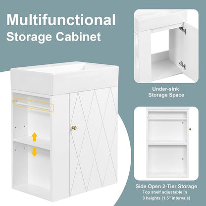 20" Floating Bathroom Vanity with Sink, Soft Closing Door,and Storage Shelves, Solid Wood Frame & MDF Modern Single Small Bathroom Vanity Cabinet with Open Shelf,Wall Mounted (White)