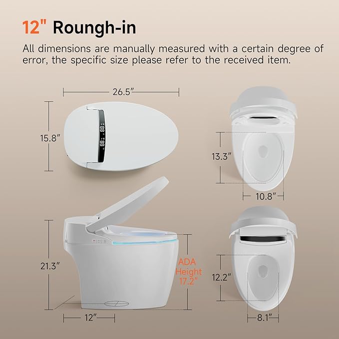 Smart Toilet with Bidet Built In, One Piece Electric Toilets|ADA | Auto Open/Close|17.2'' ADA|Powerful Siphon Flush|Foot Sensor Operation|Instant Warm Water,Dryer|LED Display & Night Light