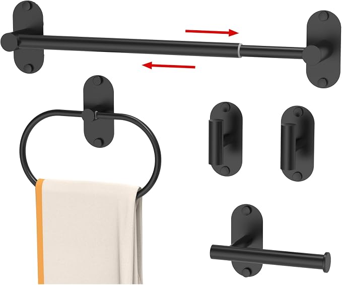 5-Piece Bathroom Hardware Set, Adhesive or Drill Wall Mount, Black | Adjustable Towel Bar, Toilet Paper Holder, Towel Ring, 2 Towel Hook, 304 Stainless Steel Bathroom Accessories Set