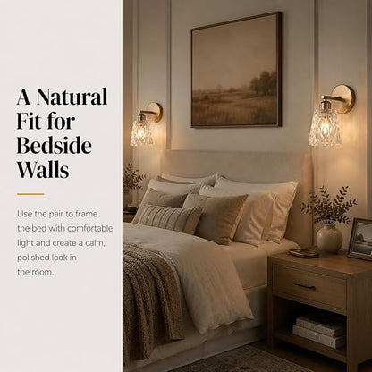1-Light Brushed Gold Bathroom Vanity Wall Sconces, 2-Pack Modern Stainless Steel Fixtures with Textured Glass Shades for Over-Mirror Lighting, E26 Sockets (Bulbs Not Included)