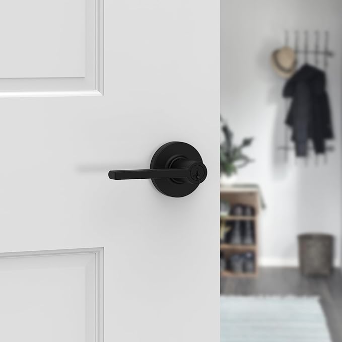 Kwikset Casey Entry Door Handle with Lock and Key, Secure Keyed Reversible Lever Exterior, for Front Entrance and Bedrooms, Matte Black, 10 Pack, Pick Resistant SmartKey Rekey Security and Microban