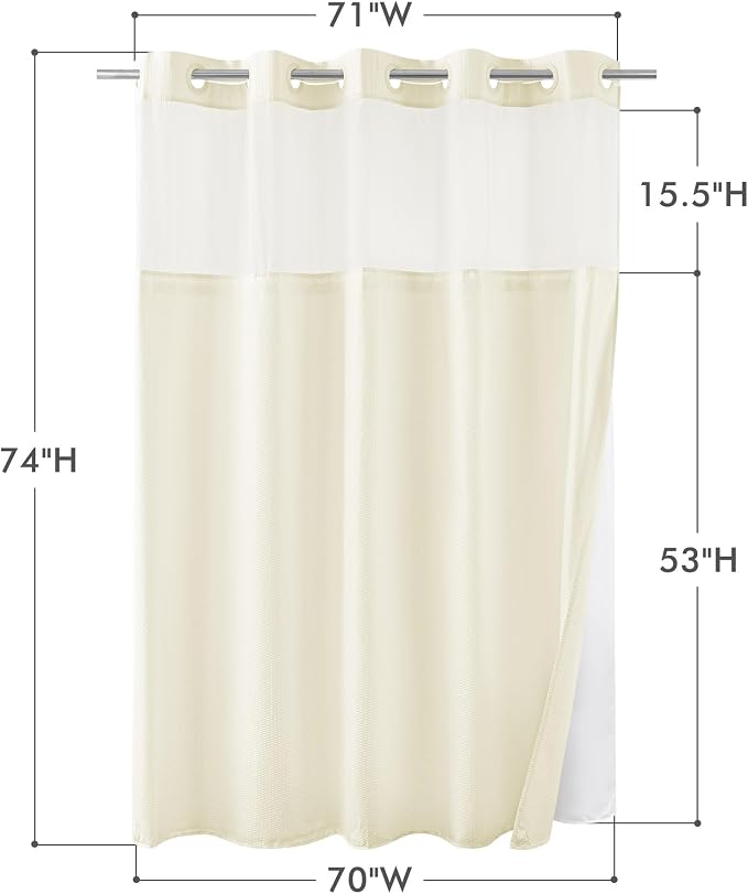 No Hook Cream Shower Curtain with Snap-in Fabric Liner 71x74 | Embossed Waffle-Look Textured, Sheer Window, Soft & Lightweight, Water Repellent Fabric Shower Curtain for Bathroom