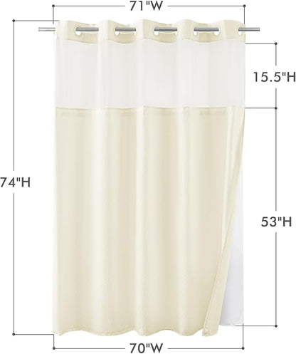 No Hook Cream Shower Curtain with Snap-in Fabric Liner 71x74 | Embossed Waffle-Look Textured, Sheer Window, Soft & Lightweight, Water Repellent Fabric Shower Curtain for Bathroom