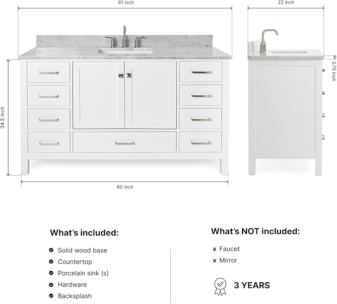 ARIEL Cambridge 60-inch Bathroom Vanity with Sink,Solid Wood, 0.75-inch Italian Carrara Marble Countertop, Single Rectangular Porcelain Sink, 2 Soft Closing Doors, 9 Dovetail Drawers, White