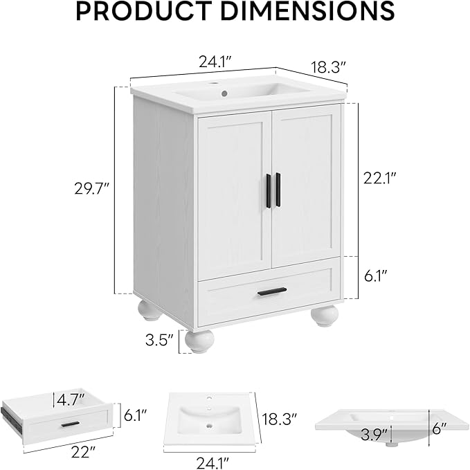 LIKIMIO 24" Bathroom Vanity with Ceramic Sink, 2 Doors 1 Drawer, Solid Wood Legs, Quick Assembly, Small Bathroom Storage, White Freestanding Bathroom Cabinet
