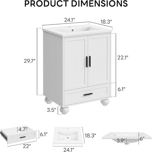 LIKIMIO 24" Bathroom Vanity with Ceramic Sink, 2 Doors 1 Drawer, Solid Wood Legs, Quick Assembly, Small Bathroom Storage, White Freestanding Bathroom Cabinet