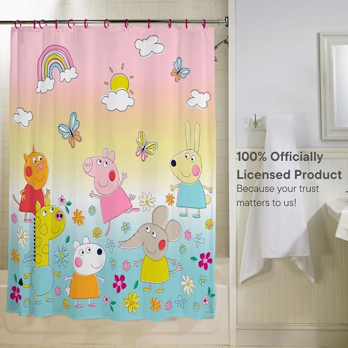 Peppa Pig 13-Piece Shower Curtain Set, 72 x 72 Inch Fabric Curtain with Hooks, Bathroom Decor, Machine Washable, (100% Officially Licensed Product) by Franco Collectibles