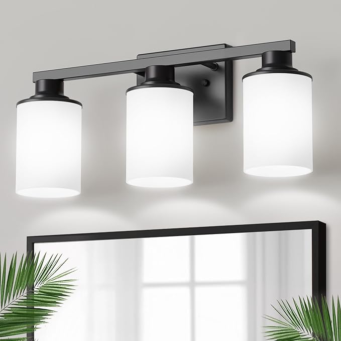 DORESshop 20 Inch Bathroom Light Fixtures, 3-Light Black Bathroom Lighting Fixtures Over Mirror with Milk Glass Shade, Modern Vanity Lights for Hallway Bedroom, ETL Listed