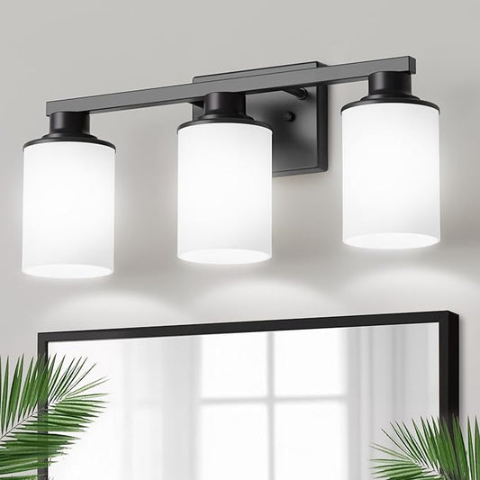 DORESshop 20 Inch Bathroom Light Fixtures, 3-Light Black Bathroom Lighting Fixtures Over Mirror with Milk Glass Shade, Modern Vanity Lights for Hallway Bedroom, ETL Listed