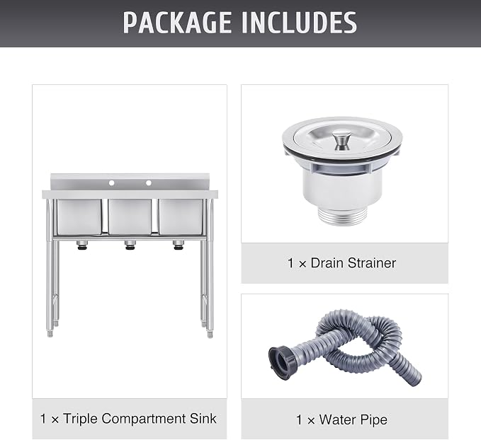 NSF Stainless Steel 3 Compartment Commercial Sink 11x10x10 Inch Basins, Kitche Station Utility Sink for Restaurant Bar Home Laundry Room Garage