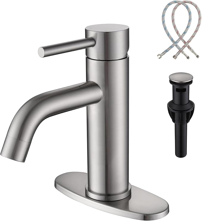 Bathroom Faucet Brushed Nickel Modern Bathroom Sink Faucet with Single Handle Suitable for 1 or 3 Holes, Supply Deck Plate and Hose