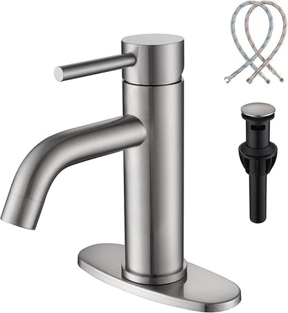 Bathroom Faucet Brushed Nickel Modern Bathroom Sink Faucet with Single Handle Suitable for 1 or 3 Holes, Supply Deck Plate and Hose