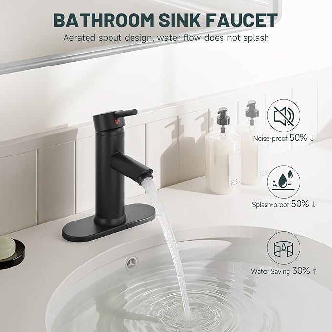 Black Bathroom Faucet, Greenspring Single Hole Bathroom Sink Faucet, Single Handle Sink Faucet Bathroom Lavatory Basin Vanity Sink Faucet with Pop Up Drain and Supply Line, Brass