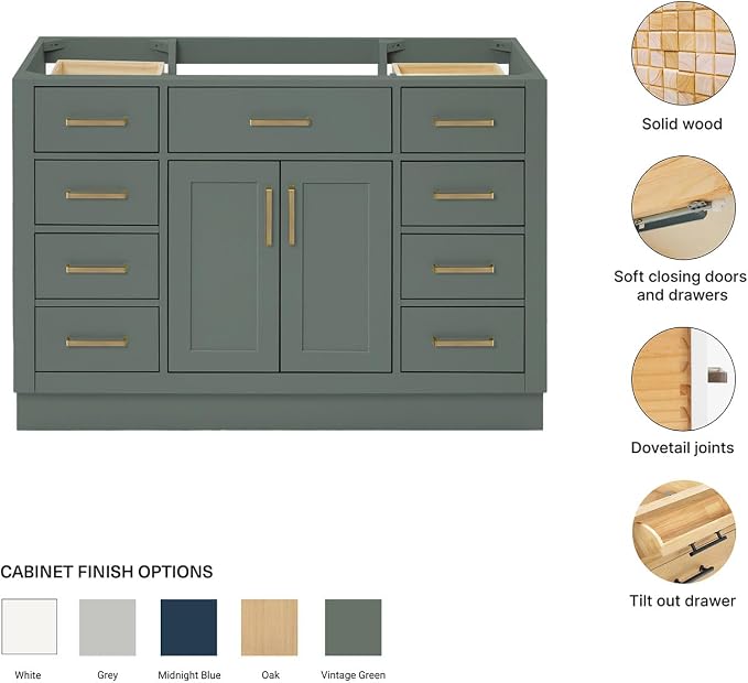ARIEL Hepburn 48-inch Bathroom Vanity Base Cabinet,Solid Wood, 2 Soft Closing Doors, 9 Dovetail Drawers, Vintage Green