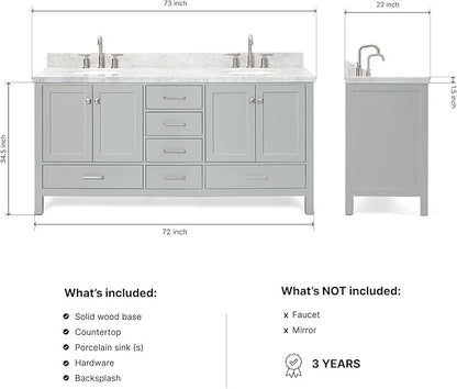 ARIEL Cambridge 72-inch Bathroom Vanity with Sink,Solid Wood, 1.5-inch Italian Carrara Marble Countertop & Backsplash, Double Oval Porcelain Sink, 4 Soft Closing Doors, 6 Dovetail Drawers, Grey