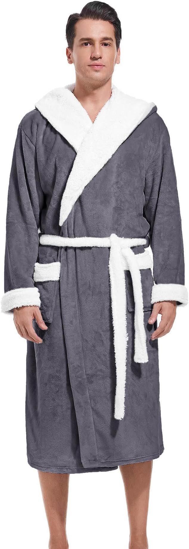Inner Wish Mens Hooded Robe, Plush Long Bath robes Cozy Warm Bathrobe Fuzzy male Spa Robe With Pockets